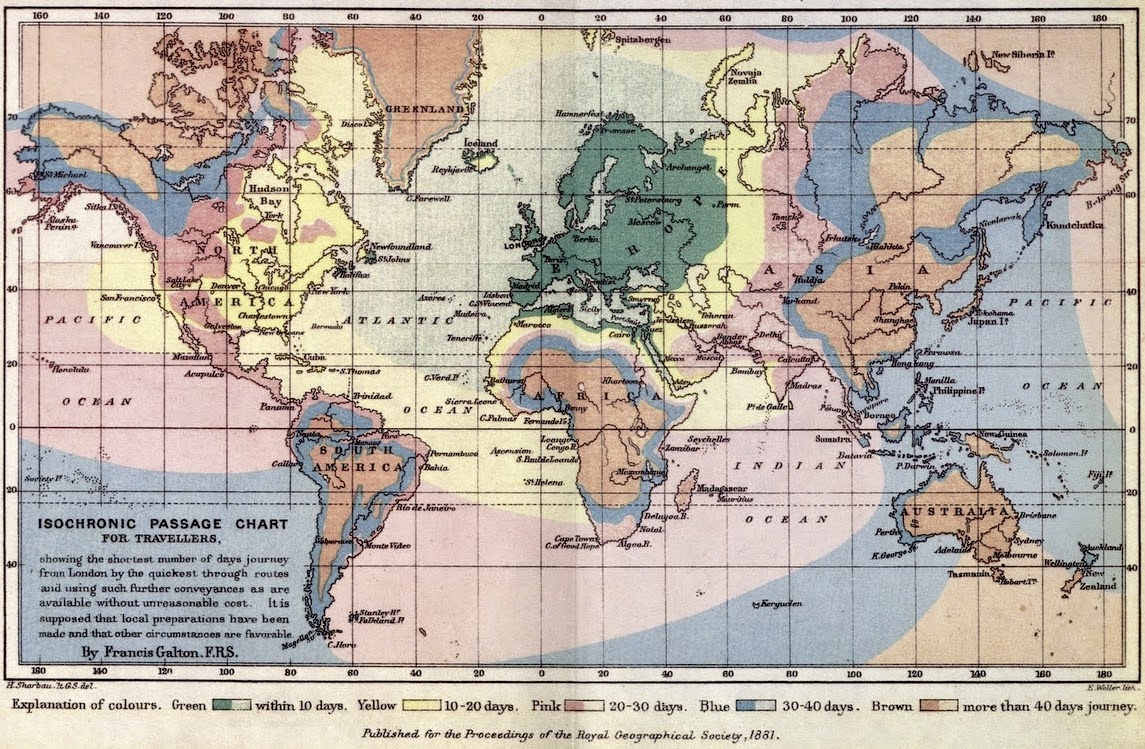 Mapa del dia: Distància, en dies, de Londres a tot el mon el 1881, quan encara hi havia distàncies