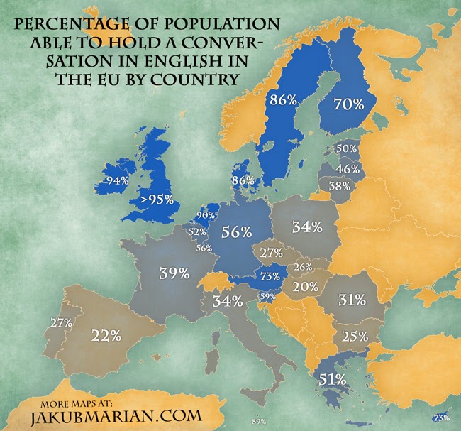 Mapa del dia: Percentatge de població que pot mantenir una conversa en anglès per països