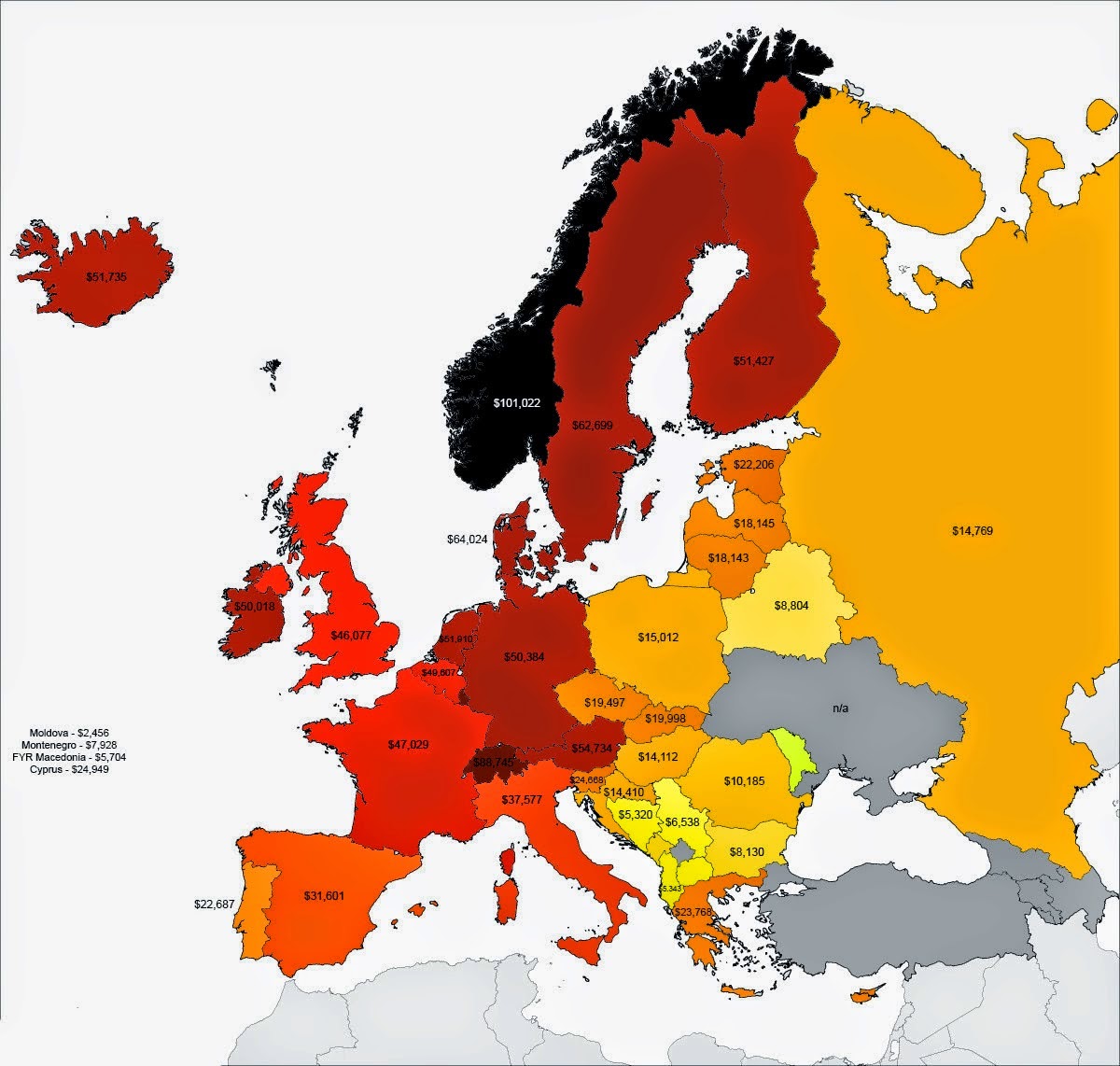 Mapa del dia: GDP per capita a Europa el 2015 segons l’ IMF