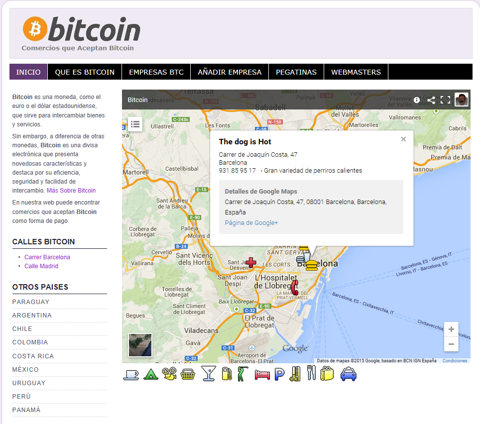Mapa de comerços que accepten Bitcoins