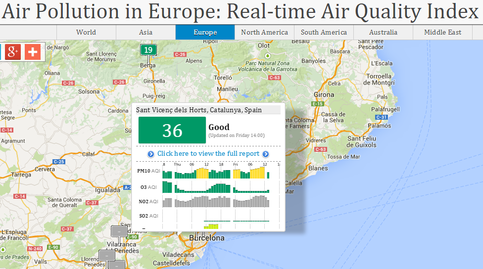 Mapa interactiu de la contaminació a tot Europa, el resultat per Sant Vicenç dels Horts el 16/01/2015 a les 14:00