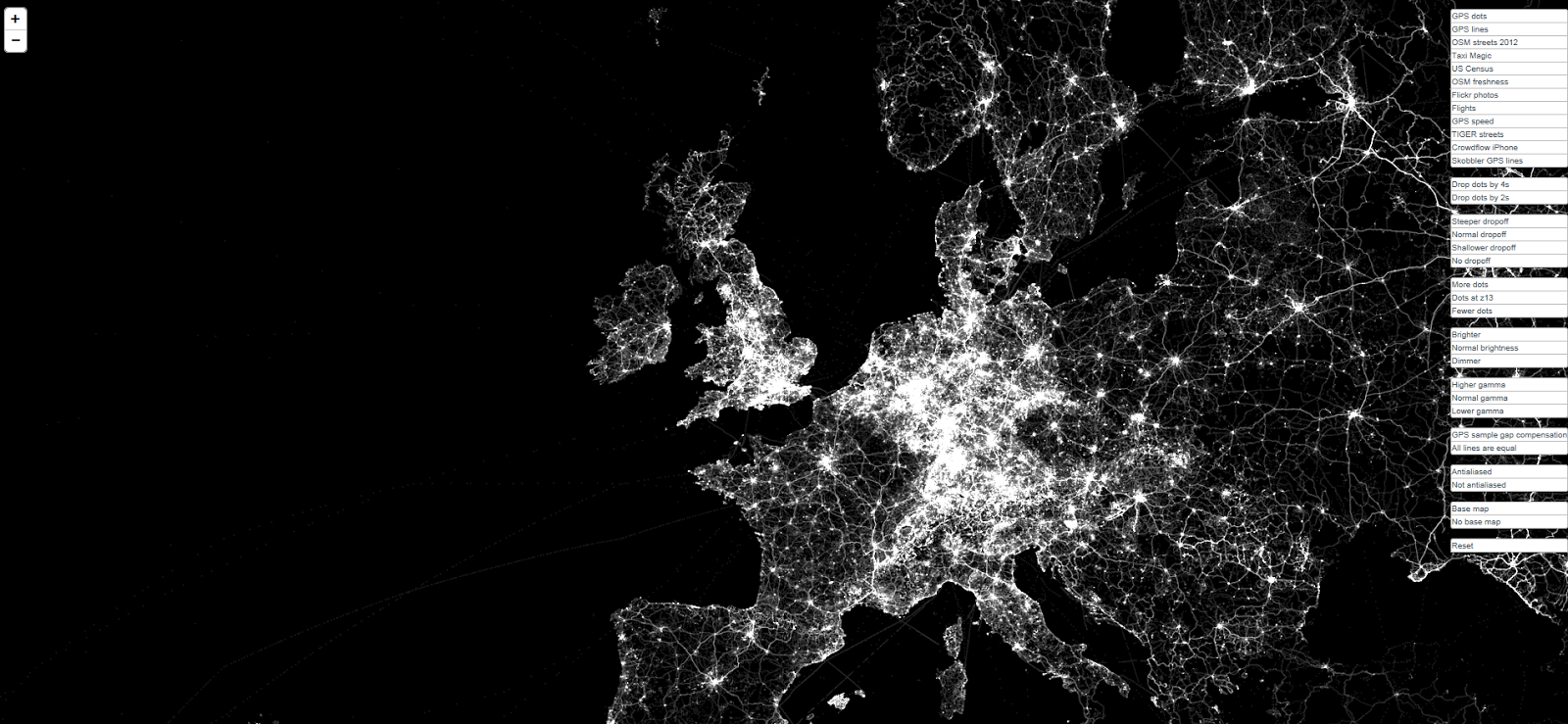 Mapa de carreteres d’Europa, que dona una molt bona aproximació a  com es distribueix la centralitat en el territori