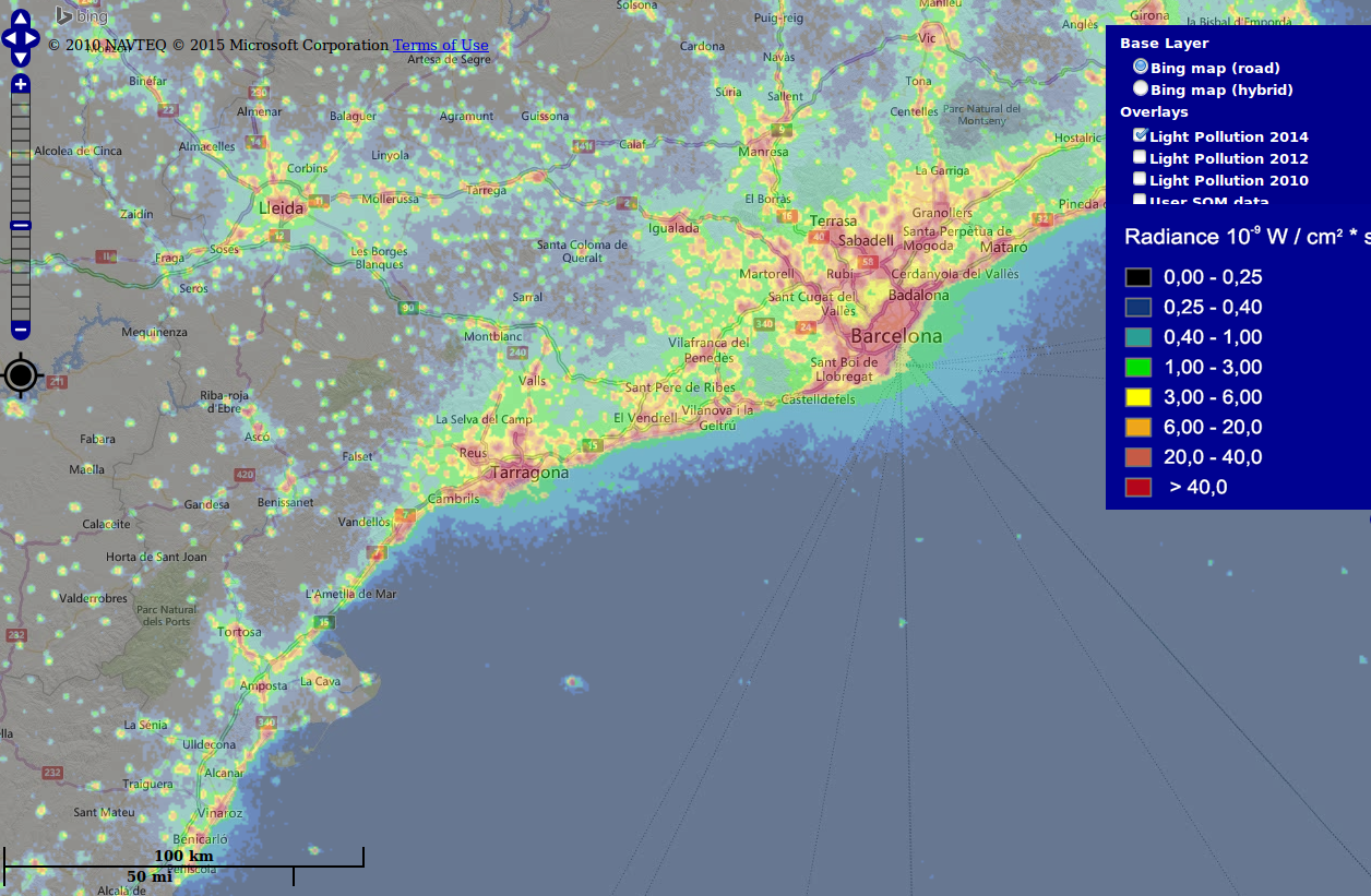 Mapa interactiu de contaminació lumínica amb dades del 2014