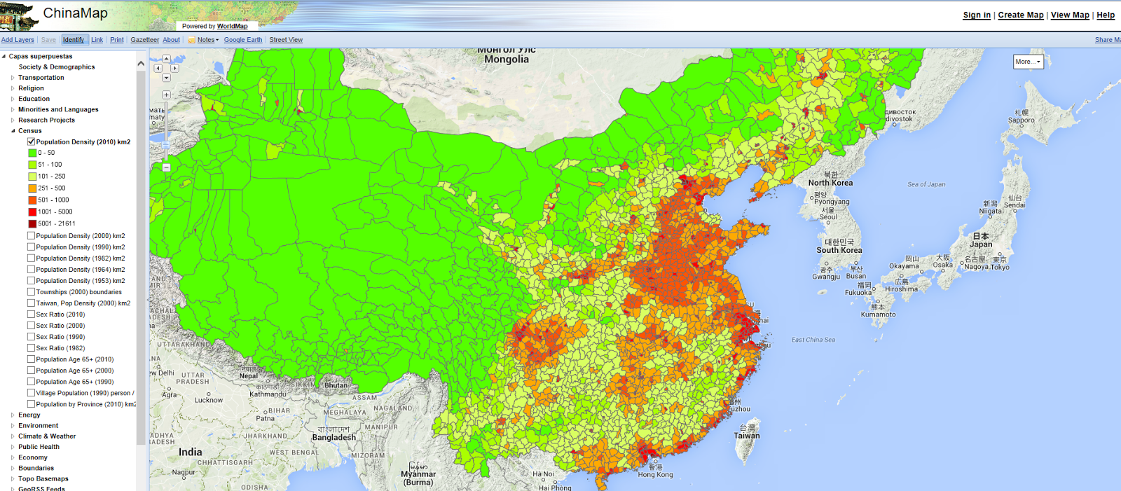 Mapa de distribució de la població a la Xina, segons el cens