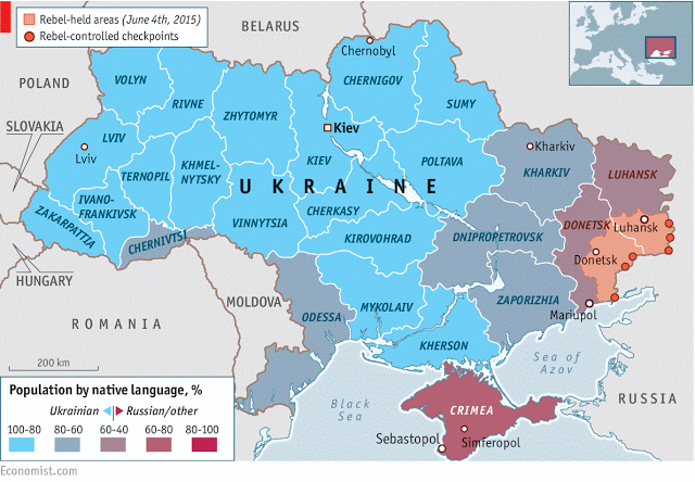 Un mapa de Ucrania i les llengües parlades